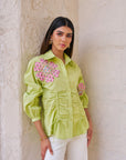 Women 100% Cotton Green Embroidered Regular Fit Summer Shirt (Kate Shirt)