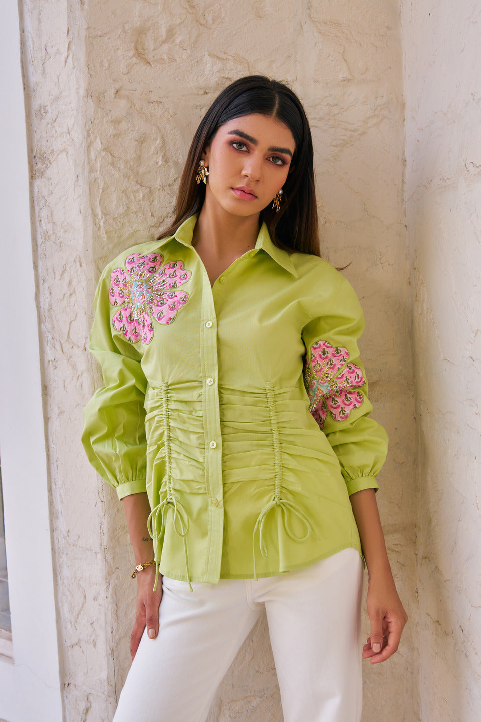 Women 100% Cotton Green Embroidered Regular Fit Summer Shirt (Kate Shirt)
