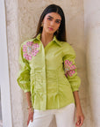 Women 100% Cotton Green Embroidered Regular Fit Summer Shirt (Kate Shirt)