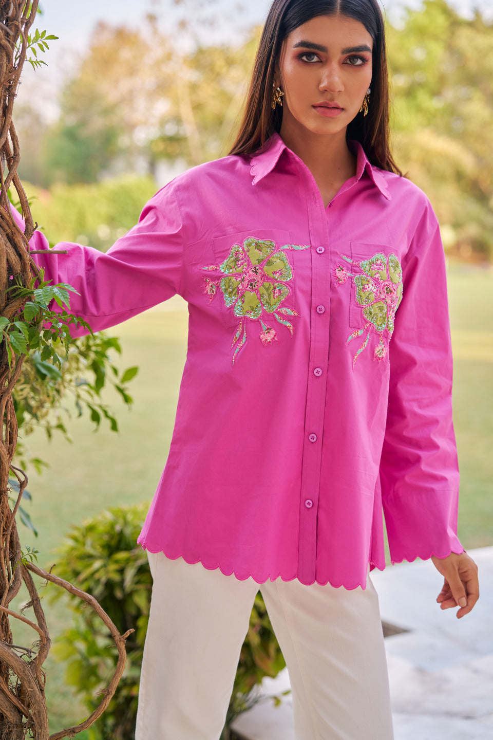 Women 100% Cotton Embroidered Regular Fit Summer Shirt (Melissa Shirt)