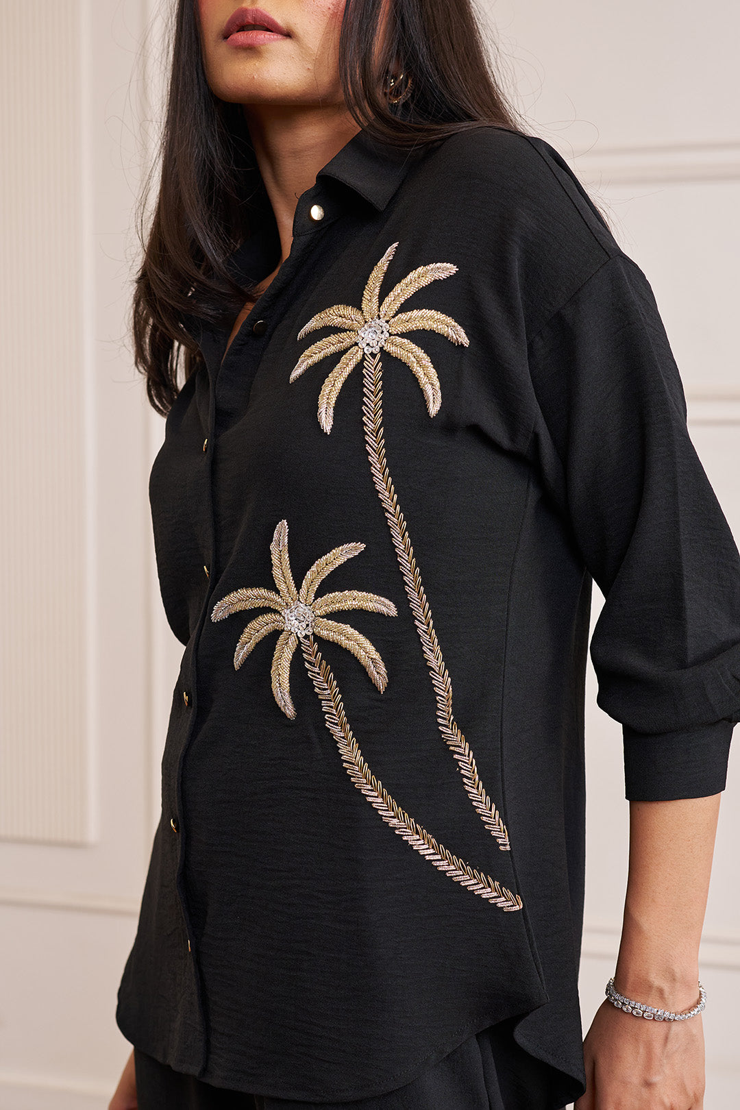 Women Black Imported Viscose Co-ord Set with Handwork & Embellishments (Palm Springs Co-ord Set)