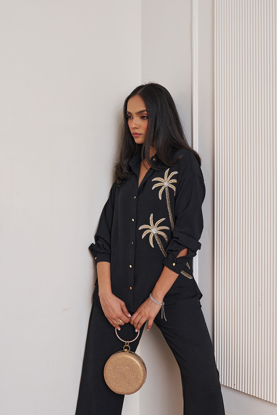 Women Black Imported Viscose Co-ord Set with Handwork & Embellishments (Palm Springs Co-ord Set)