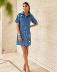 Women Short Denim Shirt Dress With Rhinestone Buttons (Gigi Dress)