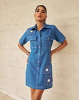 Women Short Denim Shirt Dress With Rhinestone Buttons (Gigi Dress)