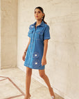 Women Short Denim Shirt Dress With Rhinestone Buttons (Gigi Dress)