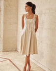 Women Beige Side Lace Detail A Line Midi Dress With Flower Buttons (Sofia Dress)
