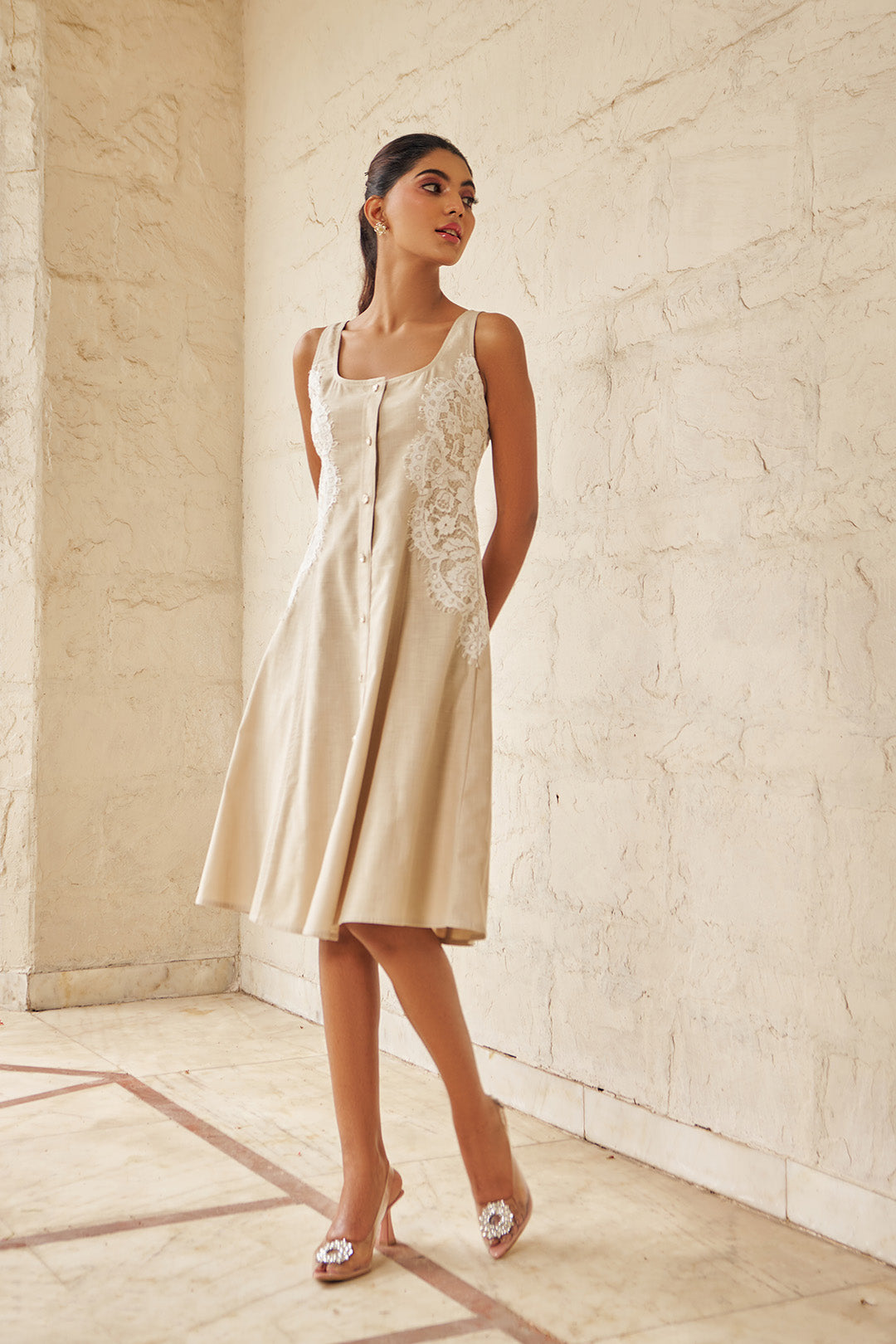 Women Beige Side Lace Detail A Line Midi Dress With Flower Buttons (Sofia Dress)