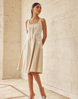 Women Beige Side Lace Detail A Line Midi Dress With Flower Buttons (Sofia Dress)