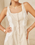 Women Beige Side Lace Detail A Line Midi Dress With Flower Buttons (Sofia Dress)