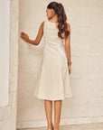 Women Beige Side Lace Detail A Line Midi Dress With Flower Buttons (Sofia Dress)