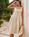 Women Beige Side Lace Detail A Line Midi Dress With Flower Buttons (Sofia Dress)
