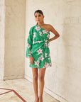 Women Green Floral Print One Shoulder Short Linen Tie Up Dress With Scallop Detail (Emma Dress)