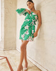 Women Green Floral Print One Shoulder Short Linen Tie Up Dress With Scallop Detail (Emma Dress)