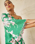 Women Green Floral Print One Shoulder Short Linen Tie Up Dress With Scallop Detail (Emma Dress)