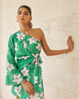 Women Green Floral Print One Shoulder Short Linen Tie Up Dress With Scallop Detail (Emma Dress)