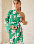 Women Green Floral Print One Shoulder Short Linen Tie Up Dress With Scallop Detail (Emma Dress)