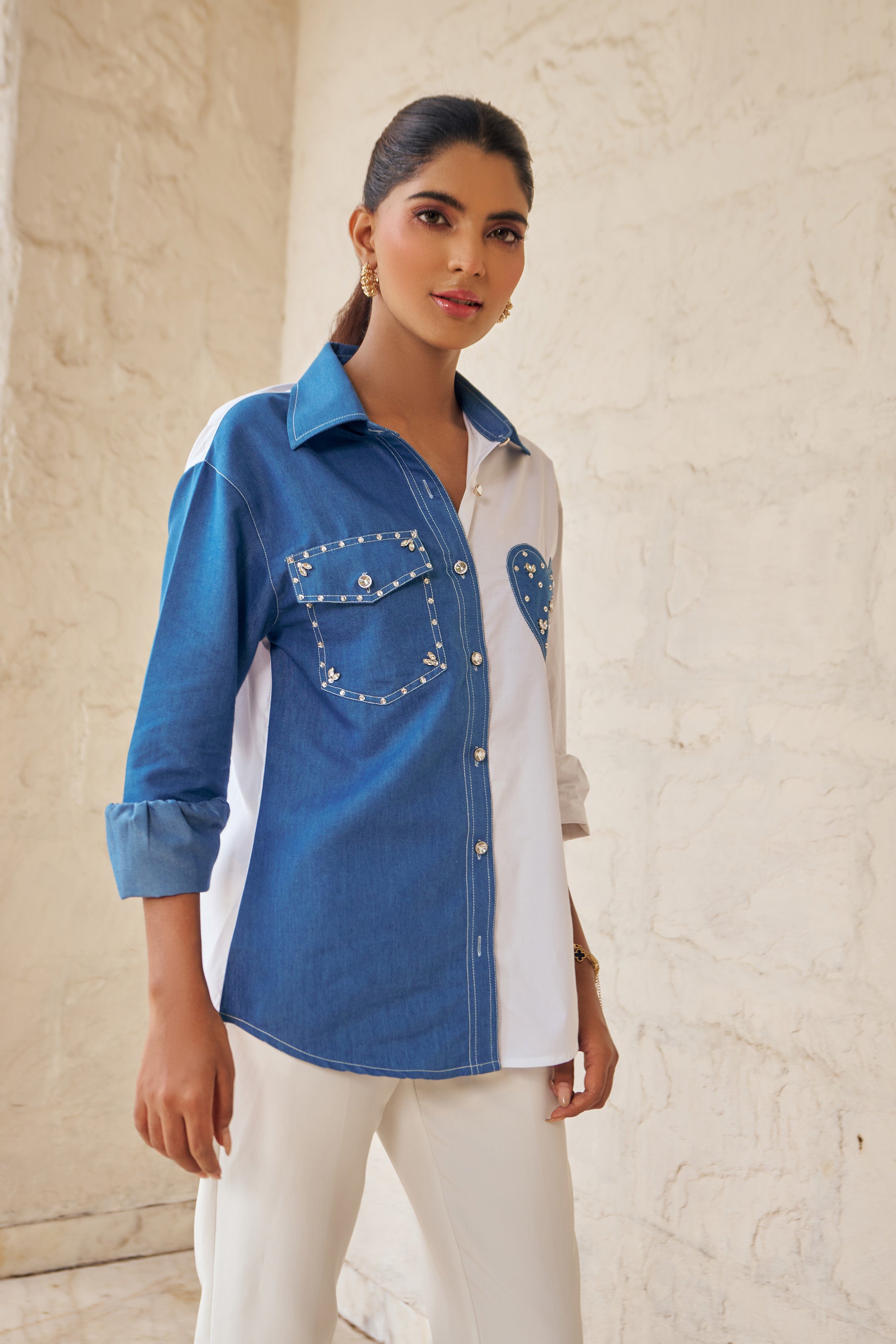 Women Half Denim Half Cotton Embellished Regular Fit Summer Shirt (Hailey Shirt)