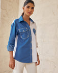 Women Half Denim Half Cotton Embellished Regular Fit Summer Shirt (Hailey Shirt)