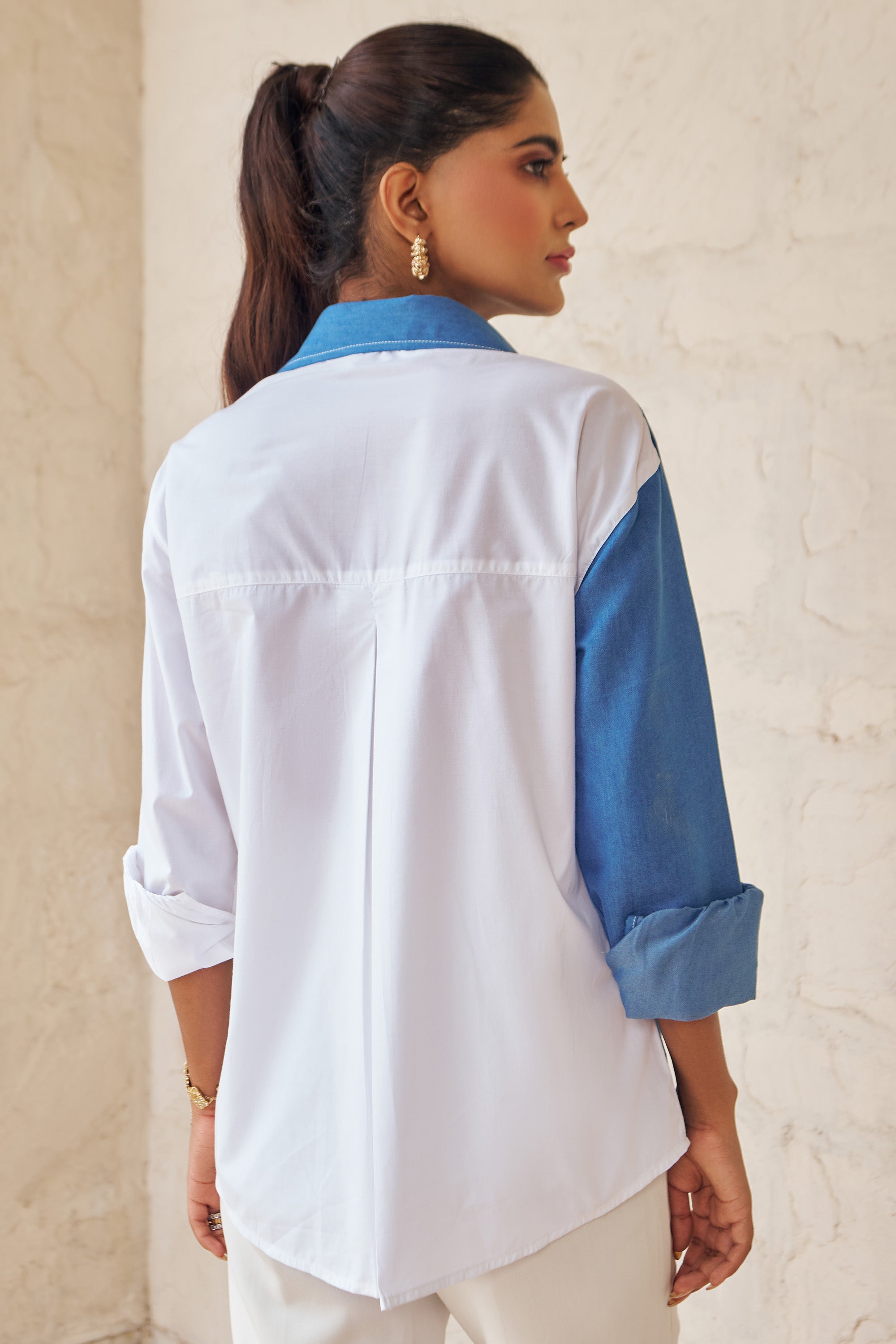 Women Half Denim Half Cotton Embellished Regular Fit Summer Shirt (Hailey Shirt)