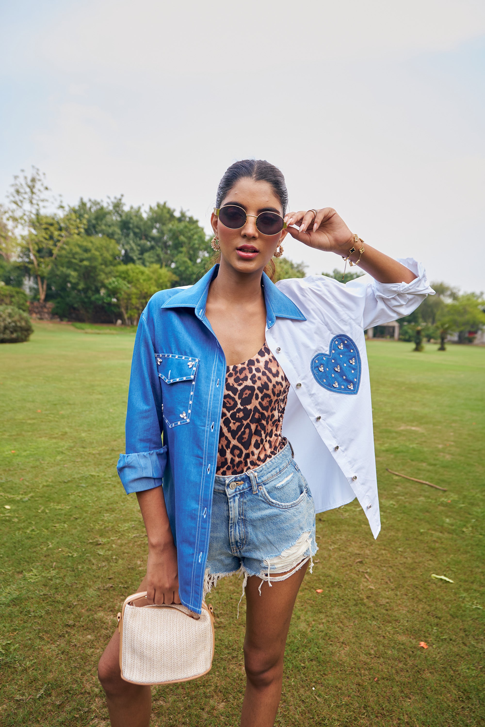 Women Half Denim Half Cotton Embellished Regular Fit Summer Shirt (Hailey Shirt)