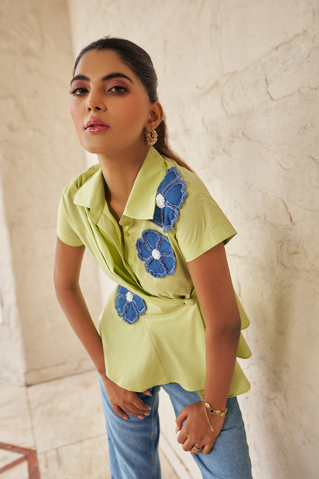 Women 100% Cotton Lime Green With Denim Flower Patchwork Regular Fit Summer Shirt (Bella Shirt)