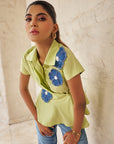 Women 100% Cotton Lime Green With Denim Flower Patchwork Regular Fit Summer Shirt (Bella Shirt)
