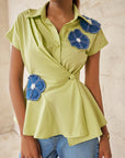 Women 100% Cotton Lime Green With Denim Flower Patchwork Regular Fit Summer Shirt (Bella Shirt)