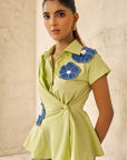 Women 100% Cotton Lime Green With Denim Flower Patchwork Regular Fit Summer Shirt (Bella Shirt)