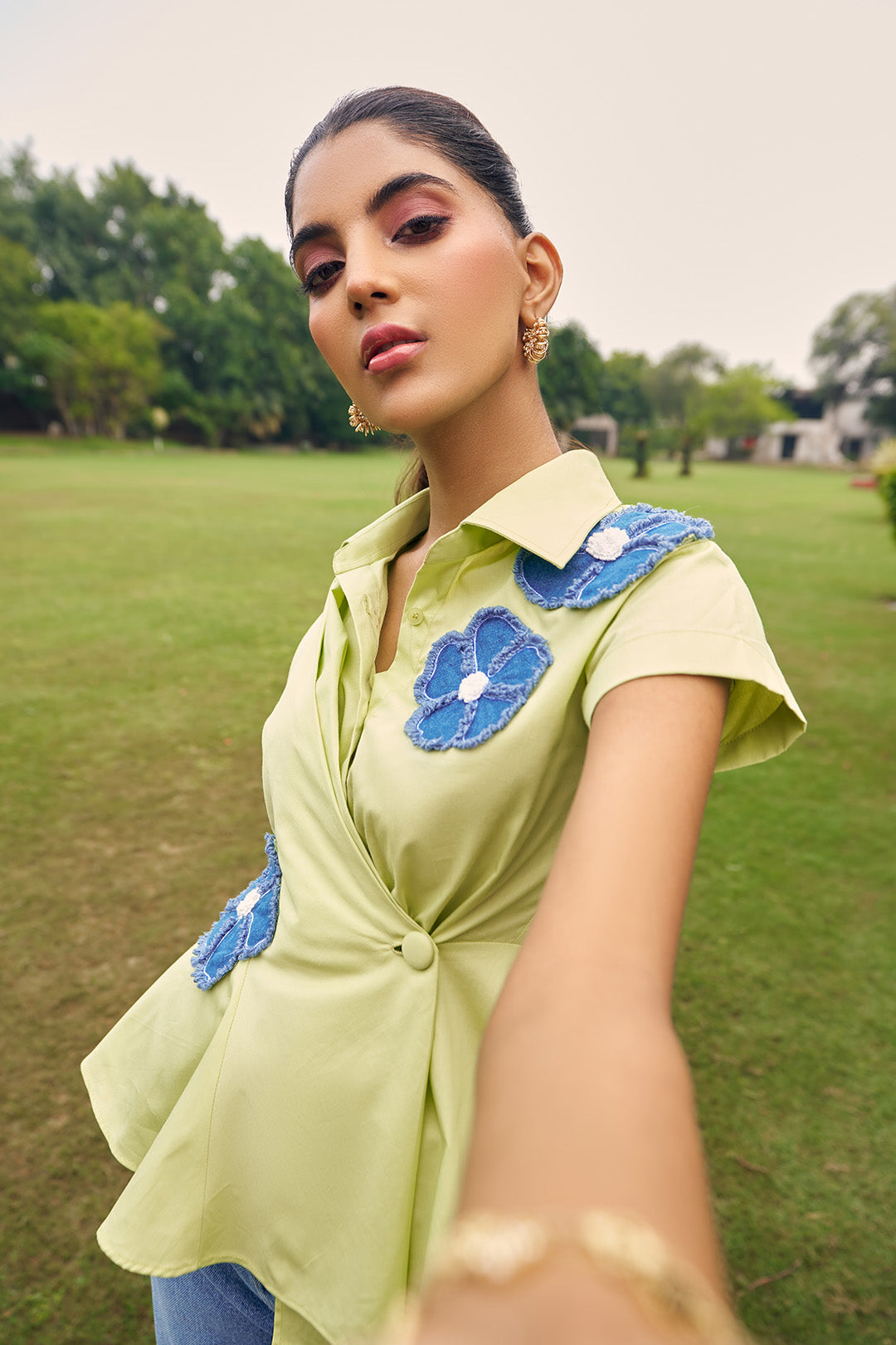 Women 100% Cotton Lime Green With Denim Flower Patchwork Regular Fit Summer Shirt (Bella Shirt)