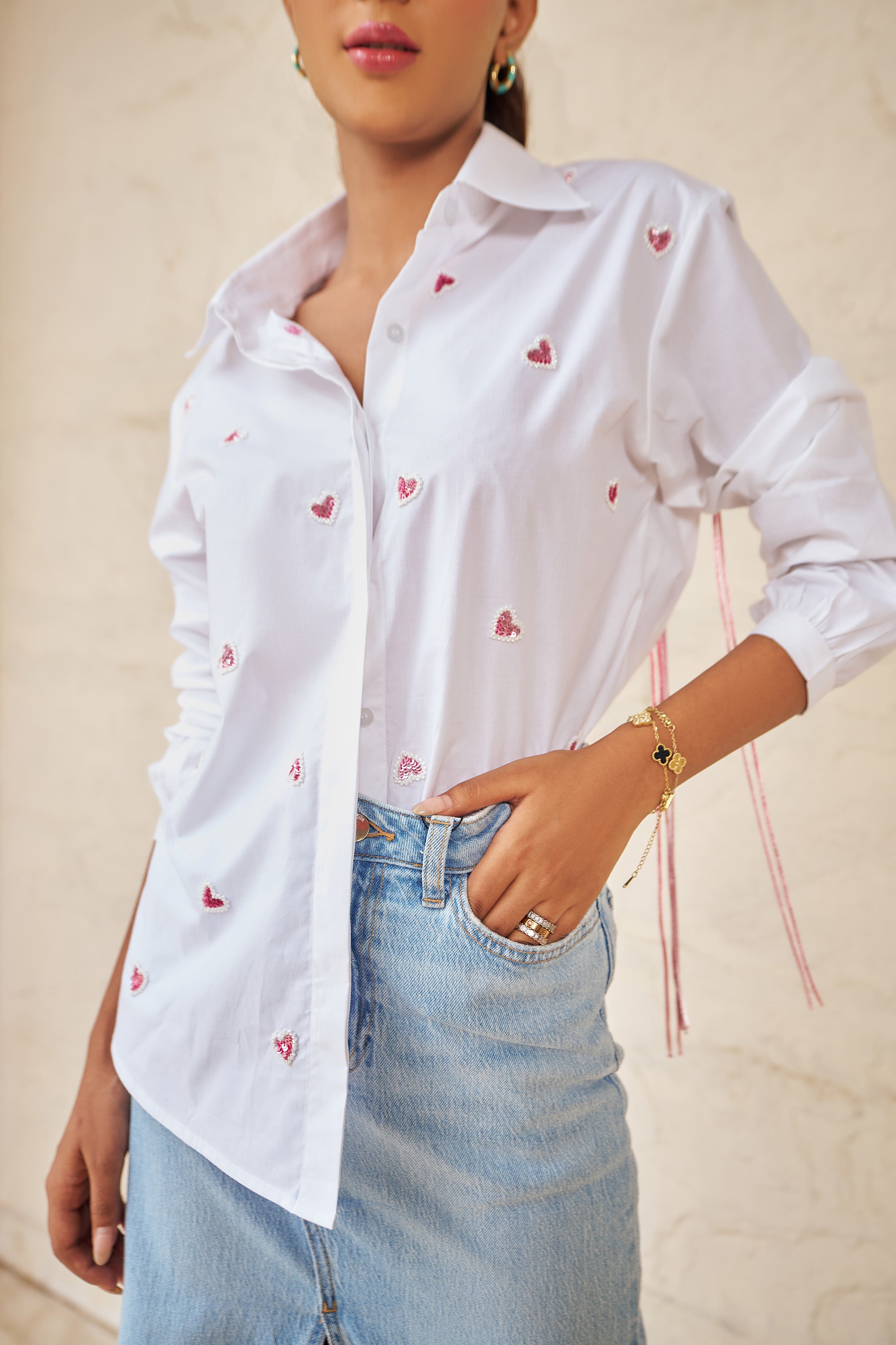 Women 100% Cotton White Embroidered Regular Fit Summer Shirt (Full Of Love Shirt)