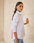 Women 100% Cotton White Embroidered Regular Fit Summer Shirt (Full Of Love Shirt)