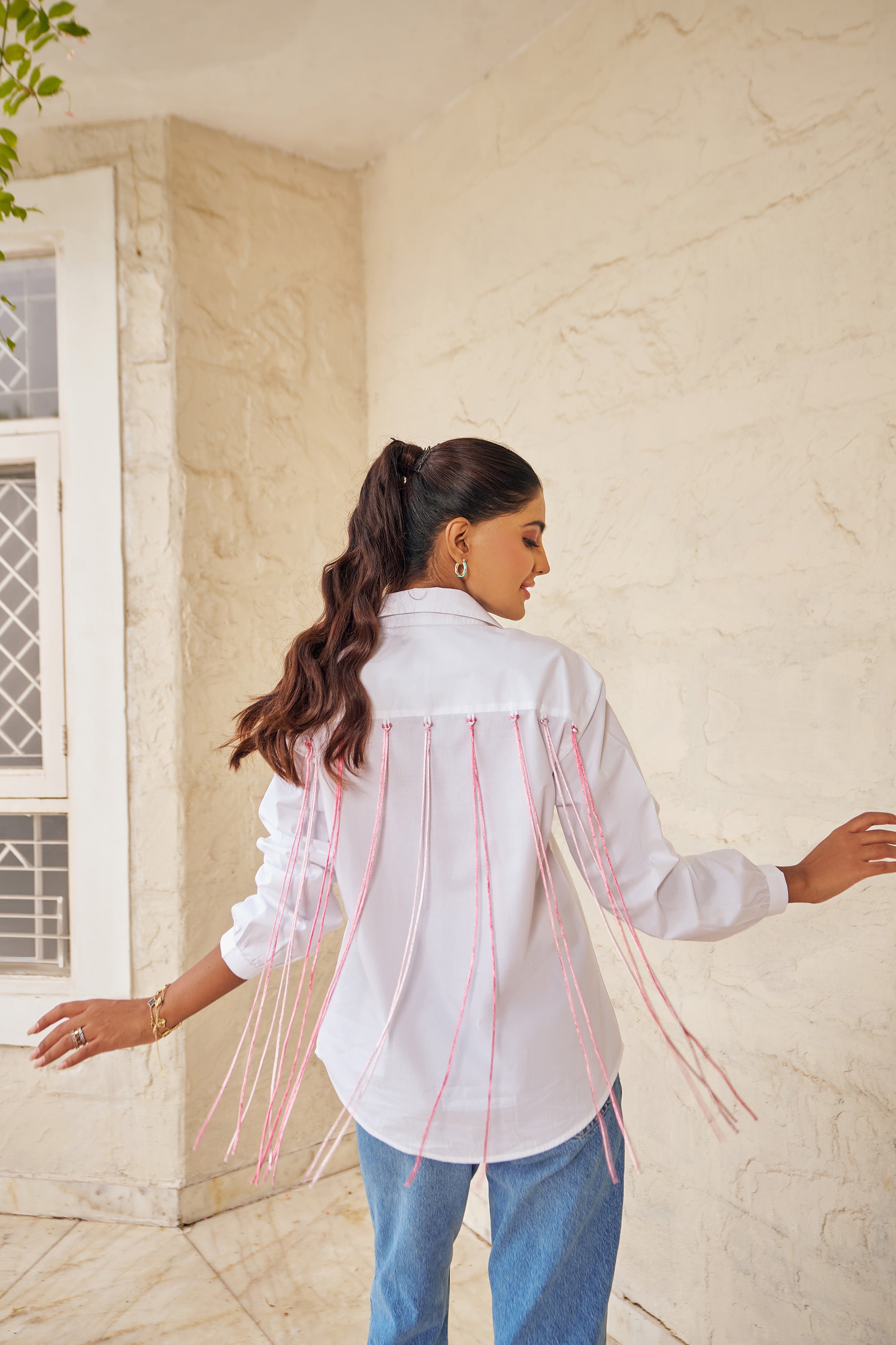 Women 100% Cotton White Embroidered Regular Fit Summer Shirt (Full Of Love Shirt)