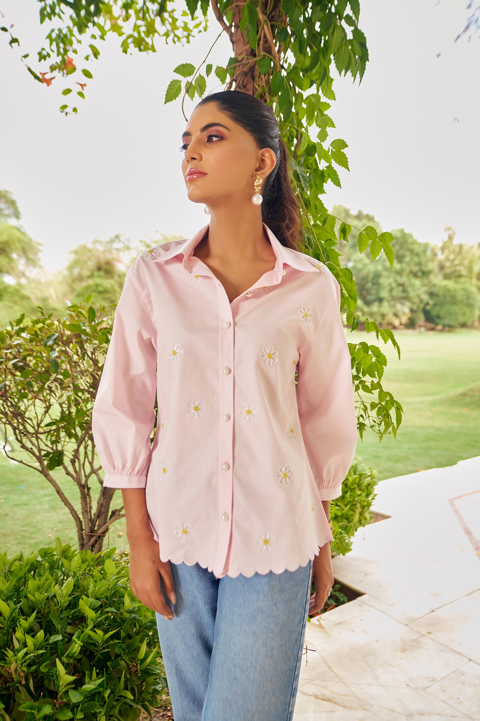 Women 100% Cotton Pink Embroidered Regular Fit Summer Shirt (Daisy Shirt)