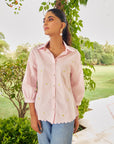 Women 100% Cotton Pink Embroidered Regular Fit Summer Shirt (Daisy Shirt)