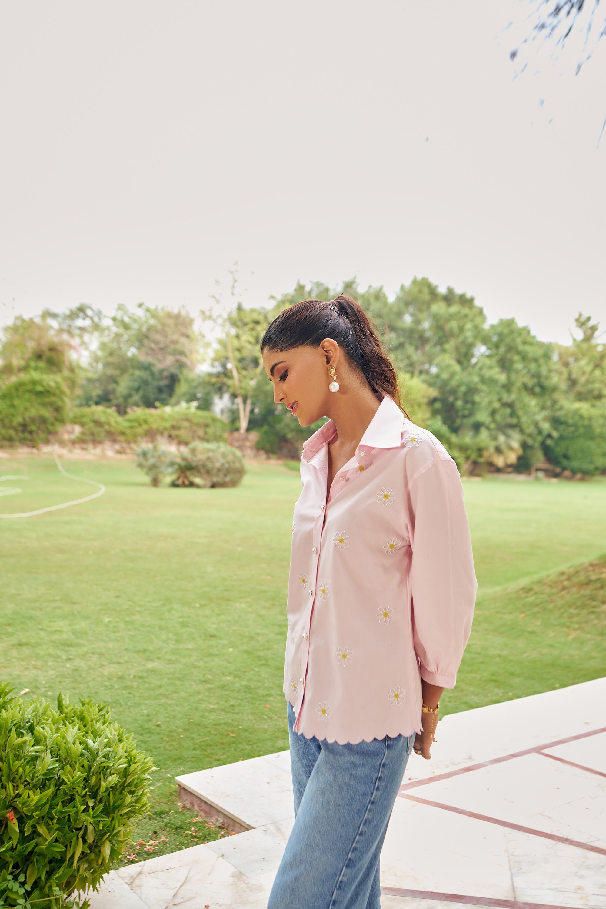 Women 100% Cotton Pink Embroidered Regular Fit Summer Shirt (Daisy Shirt)