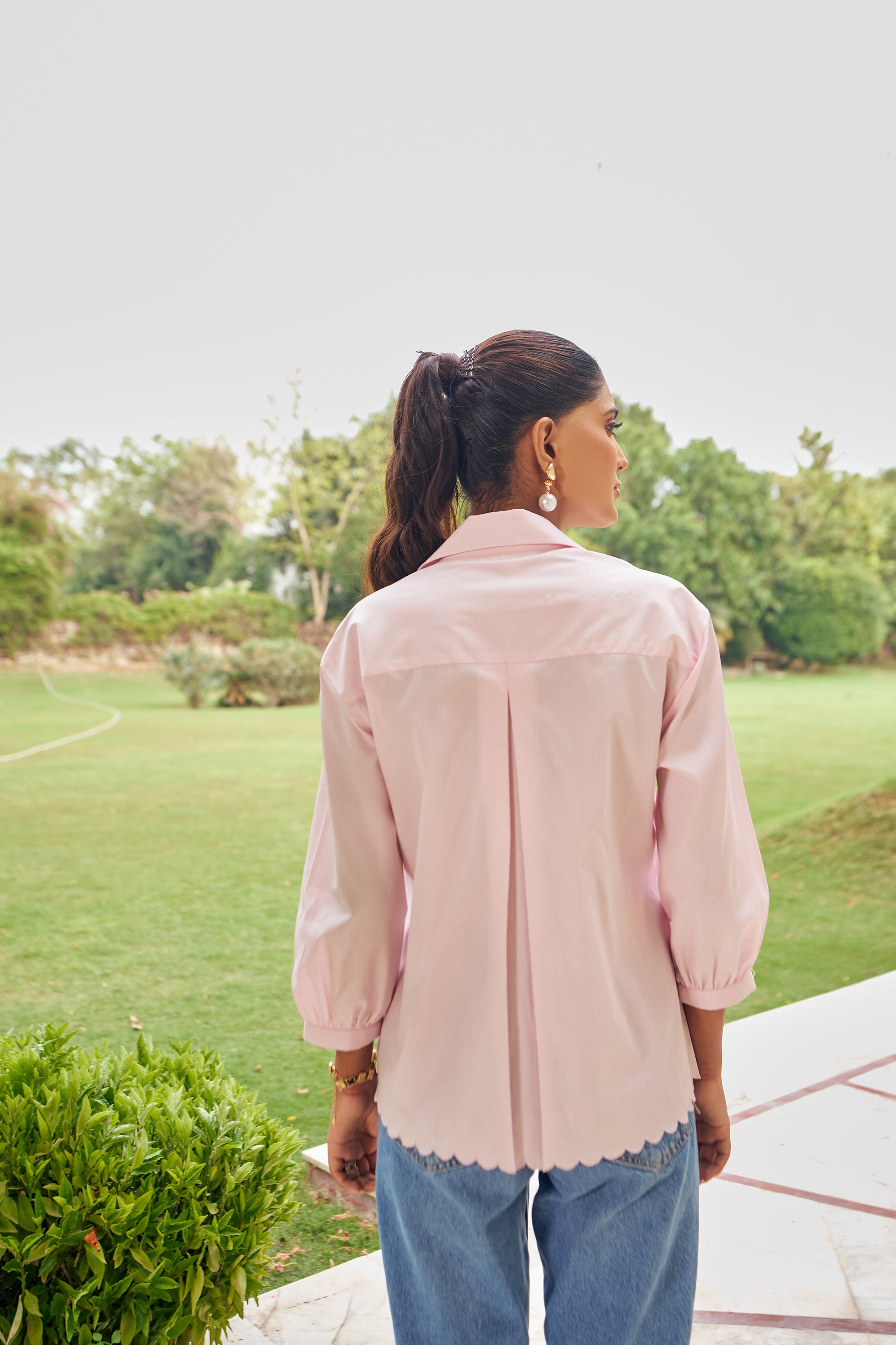Women 100% Cotton Pink Embroidered Regular Fit Summer Shirt (Daisy Shirt)