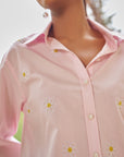 Women 100% Cotton Pink Embroidered Regular Fit Summer Shirt (Daisy Shirt)