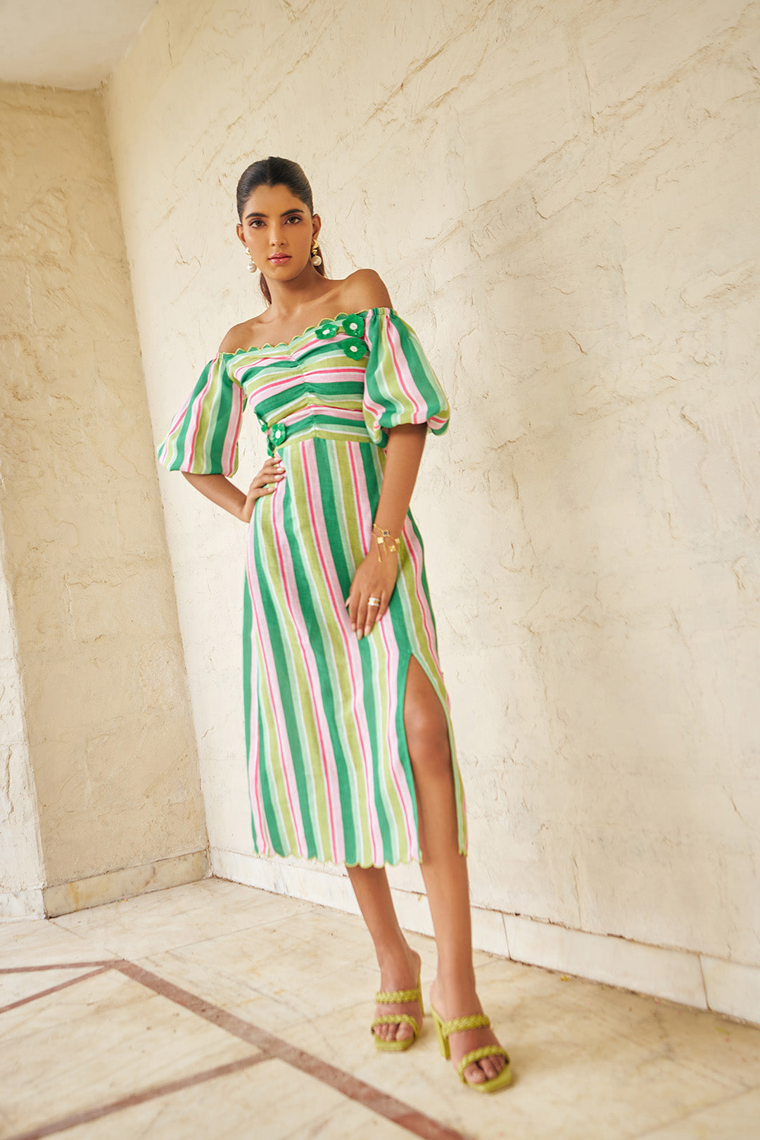 Women Striped A Line Off Shoulder Linen Midi Dress (Madison Dress)