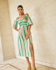Women Striped A Line Off Shoulder Linen Midi Dress (Madison Dress)