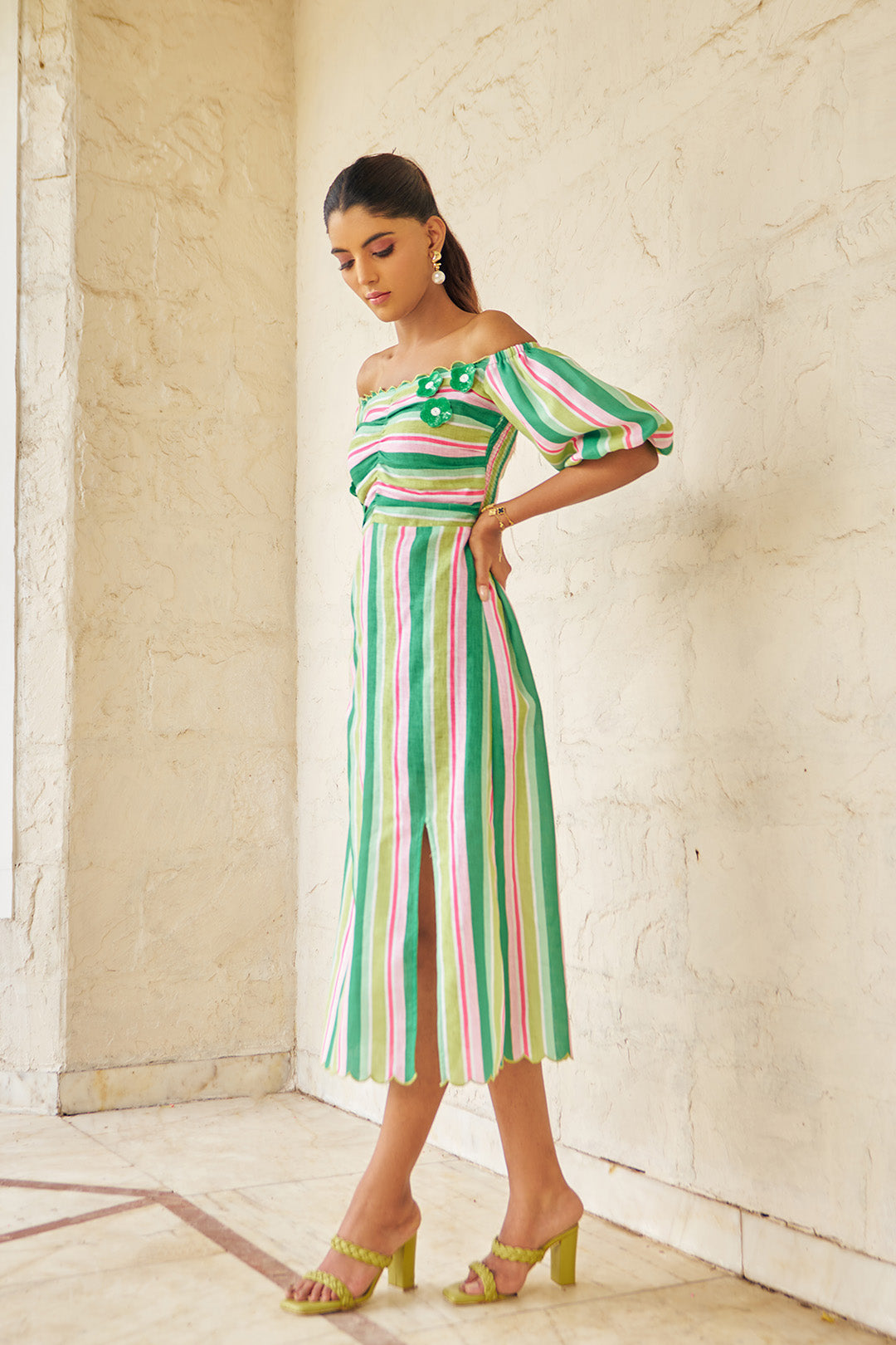 Women Striped A Line Off Shoulder Linen Midi Dress (Madison Dress)