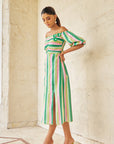Women Striped A Line Off Shoulder Linen Midi Dress (Madison Dress)