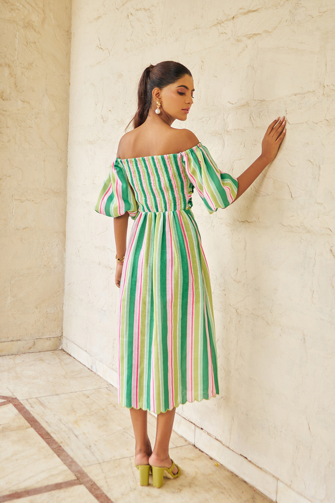Women Striped A Line Off Shoulder Linen Midi Dress (Madison Dress)