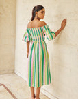Women Striped A Line Off Shoulder Linen Midi Dress (Madison Dress)