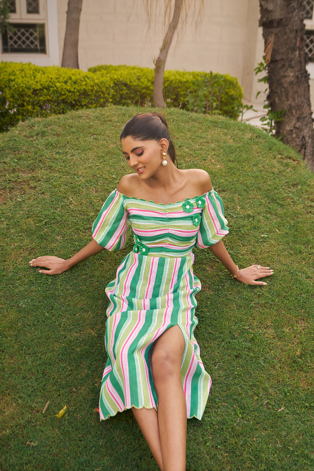 Women Striped A Line Off Shoulder Linen Midi Dress (Madison Dress)
