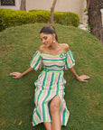 Women Striped A Line Off Shoulder Linen Midi Dress (Madison Dress)