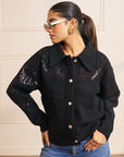 Women Black Flannel Embellished Jacket Anna