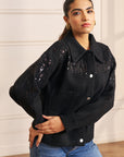 Women Black Flannel Embellished Jacket Anna