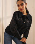 Women Black Flannel Embellished Jacket Anna