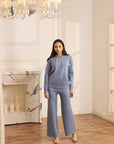 Women Lilac Knitted Hoodie Co-ord Set with Embellished Drawstring Mayson Blue