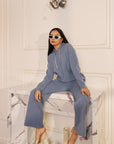 Women Lilac Knitted Hoodie Co-ord Set with Embellished Drawstring Mayson Blue
